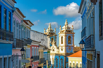 Obraz premium Facades of the houses, towers and churches of ancient district of Pelourinho in the beautiful city of Salvador, Bahia