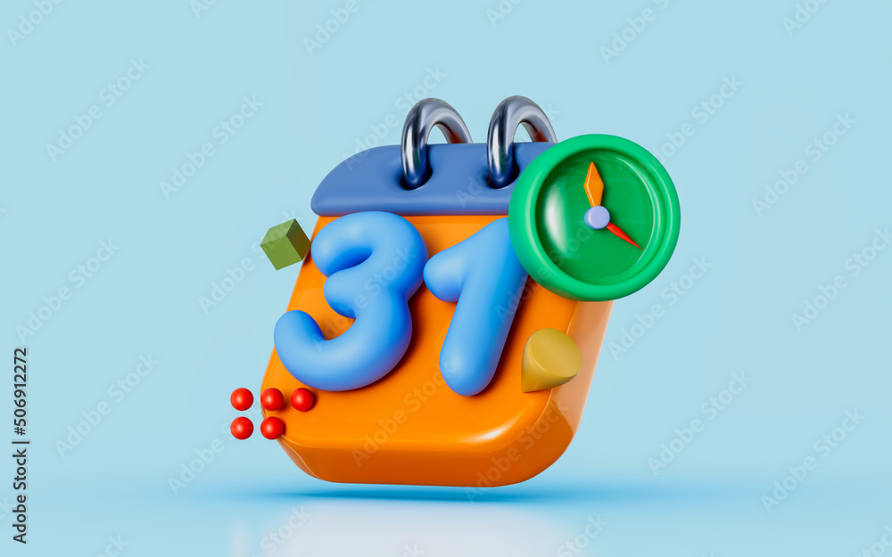 Poster 31 date calendar sign with clock blue background office time last date of month deadline 3d render
