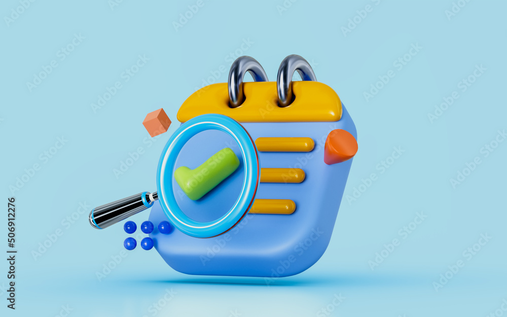 Poster notepad document check mark with magnify glass 3d illustration finding business confirmation report
