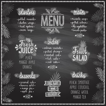 Tropic style menu chalkboard template with palm leaves