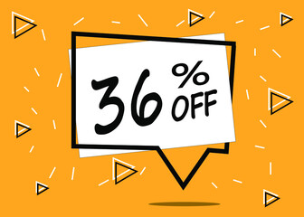 36% off. Discount 36 percent. Orange banner with floating balloon in white for promotions and offers.
