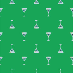Martini glass with olive and skewer seamless pattern. Doodle style. Color hand drawn image. Repeat template. Party drinks concept. Freehand drawing. Cartoon sketch graphic draft