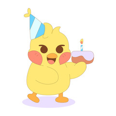 Isolated happy chick cartoon character with a birthday cake Vector illustration