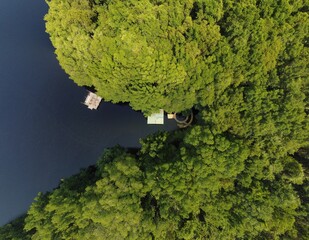 Aerial bird's eye view photo taken by drone of a lagoon in Honduras. Laguna de Cacao. Jutiapa, Honduras
