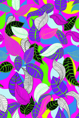 Psychedelic seamless pattern of colorful leafs. There are pink, acid green, yellow, blue colors