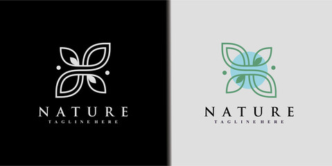 Nature logo design template with line art and leaf element Premium Vector