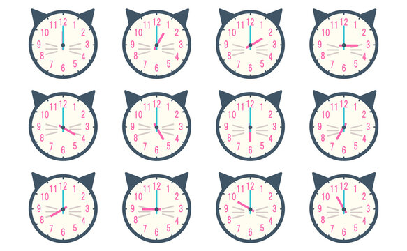 猫デザインの時計イラストセット