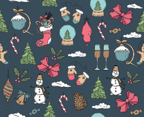 Christmas pattern in sketch style. Hand drawn illustration.
