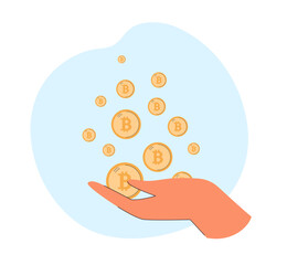 Bitcoins falling into open palm of hand. Person catching gold coins, investing in digital money flat vector illustration. Investment, finance concept for banner, website design or landing web page