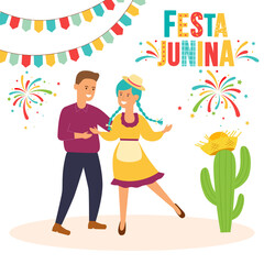 Latin American holiday Festa Junina, dancing people on the background of fireworks. Vector Illustration.