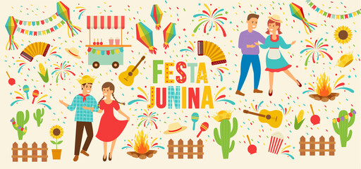 Vector illustration Festa Junina traditional Brazilian symbols of accordion, corn, guitar, sunflower, bonfire, fun dancing people, festive fireworks.
