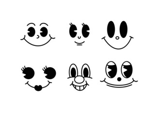 Retro 30s cartoon mascot characters funny faces. 50s, 60s old animation eyes and mouths elements. Retro comics vector set. Different emotions