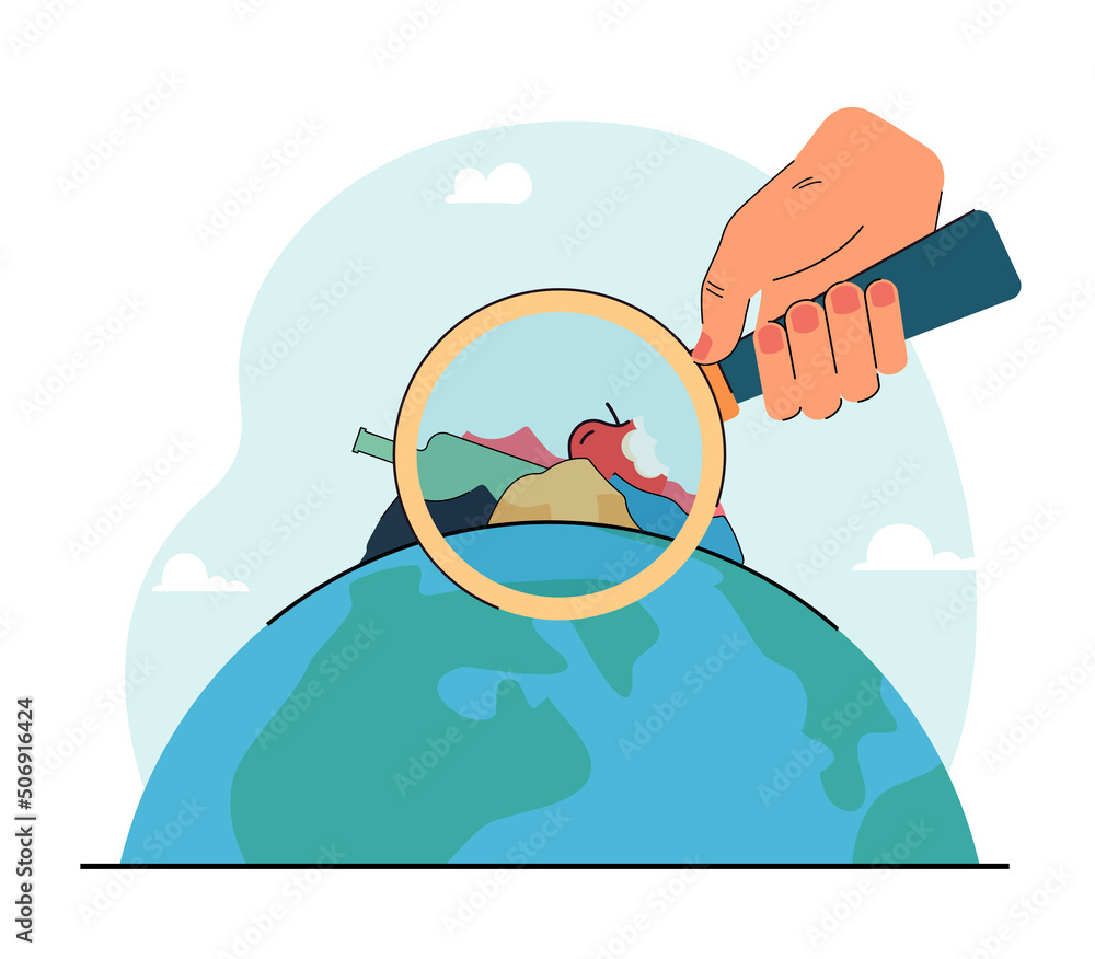 Poster man looking through loupe at garbage on surface of planet earth. hand holding magnifying glass for a