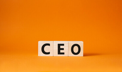 CEO symbol. Concept word CEO on wooden cubes. Beautiful orange background. Business and CEO concept. Copy space.