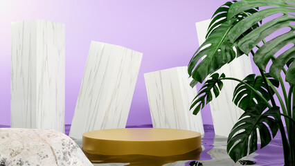3d rendering minimal podium stage for mockup presentation with plants and rocks