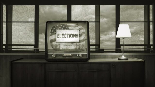 TV Elections Advertising USA Old Television Inside House Vintage Style. American elections advertising on a vintage television inside house. Old film texture