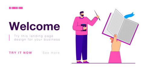 Teacher with pointer and giant hand holding school diary. Professor teaching, checking homework in classroom flat vector illustration. Education concept for banner, website design or landing web page