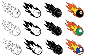 Billiard Pool 8 Ball with Flames Clipart Set - Outline, Silhouette and Color