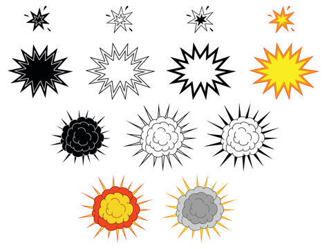 Cartoon Spark and Explosion Clipart Set - Outline, Silhouette and Color