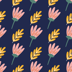 Flowers and leaf seamless pattern. Scandinavian style background. Vector illustration for fabric design, gift paper, baby clothes, textiles, cards