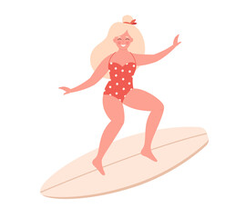 Woman surfing on surfboard. Summer activity, summertime, surfing. Hello summer. Summer Vacation. Hand drawn vector illustration