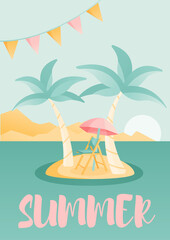 Summer festive postcard. Illustration of two palmas and sun chair with parasol on the island in the sea.