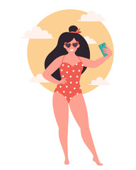 Woman in retro glasses and swimsuit making selfie or resording video on sunny background. Hello summer, summer vacation, summer fun. Hand drawn vector illustration
