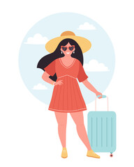 Woman tourist with travel bag or luggage. Summer vacation, summer traveling, summertime. Hand drawn vector illustration