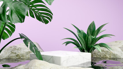 3d rendering minimal podium stage for mockup presentation with plants and rocks