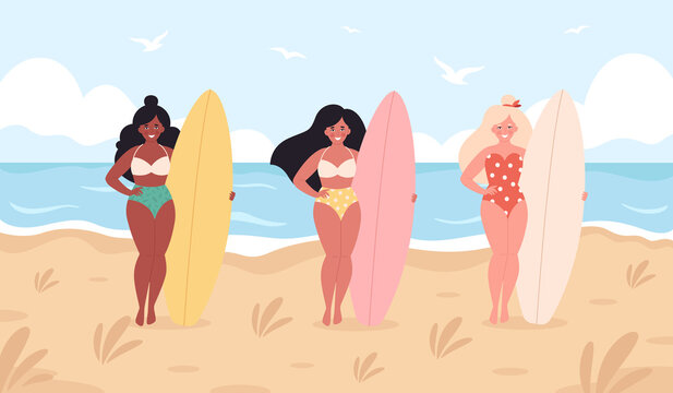 Women with surfboards on the beach. Hello summer, summer activity, summertime, surfing. Hand drawn vector illustration