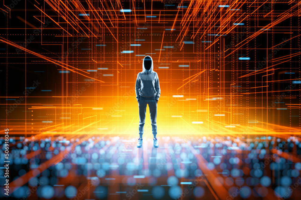 Poster darknet and cyber security concept with anonymous person on abstract digital bright background