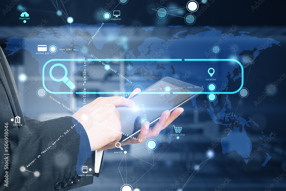 Poster Content research and mobile internet technologies concept with man finger touches digital tablet screen and digital search bar on world map background