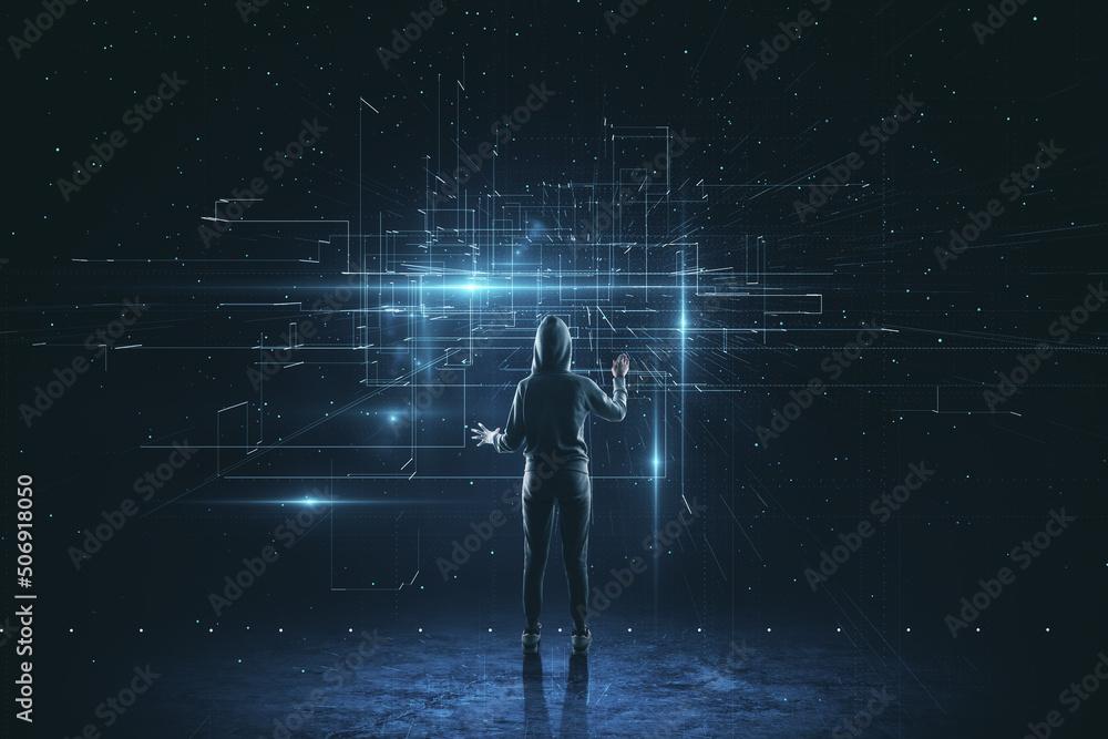 Poster Working and surfing in virtual reality and cyber space concept with back view on human in sport suit looking at digital display with crossing virtual lines