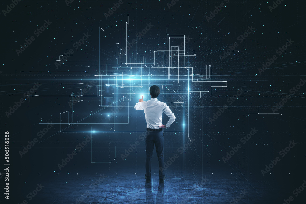 Aufkleber Working and engineering in cyber space concept with back view on architect using virtual wall with digital lines and intersections