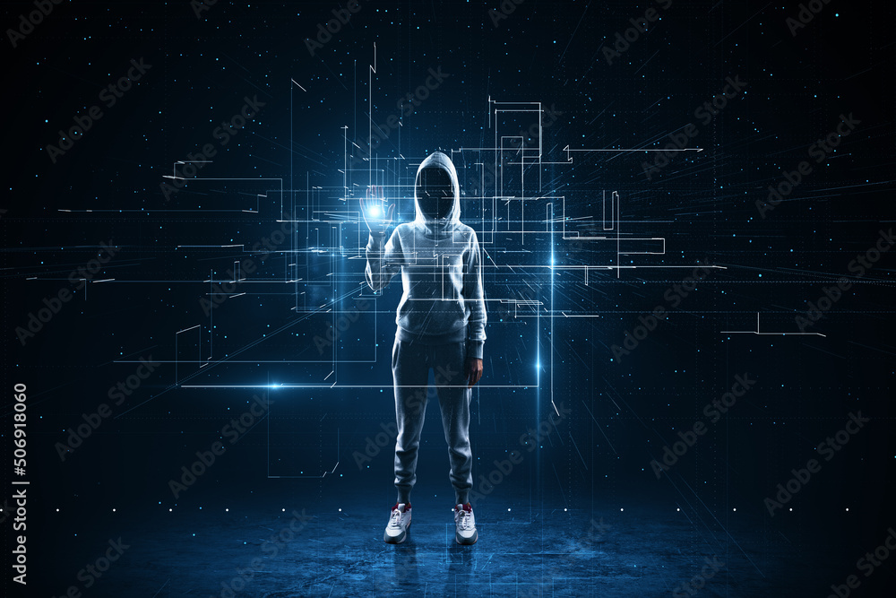 Poster Cyber space security concept with faceless hacker in sport suit working with digital screen with lines and intersections
