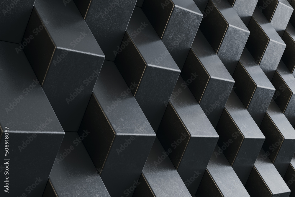 Fototapete modern architecture abstract dark background with metallic bulky figures. 3d rendering