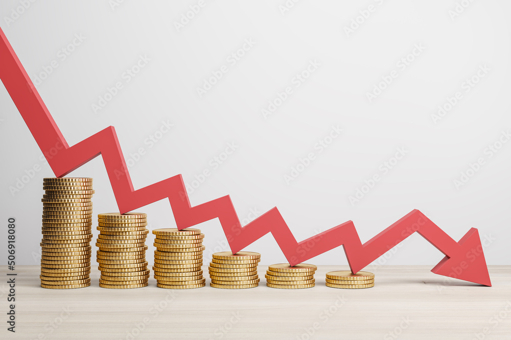 Poster inflation and global economy crisis concept with red arrow going down on golden coin stacks. 3d rend