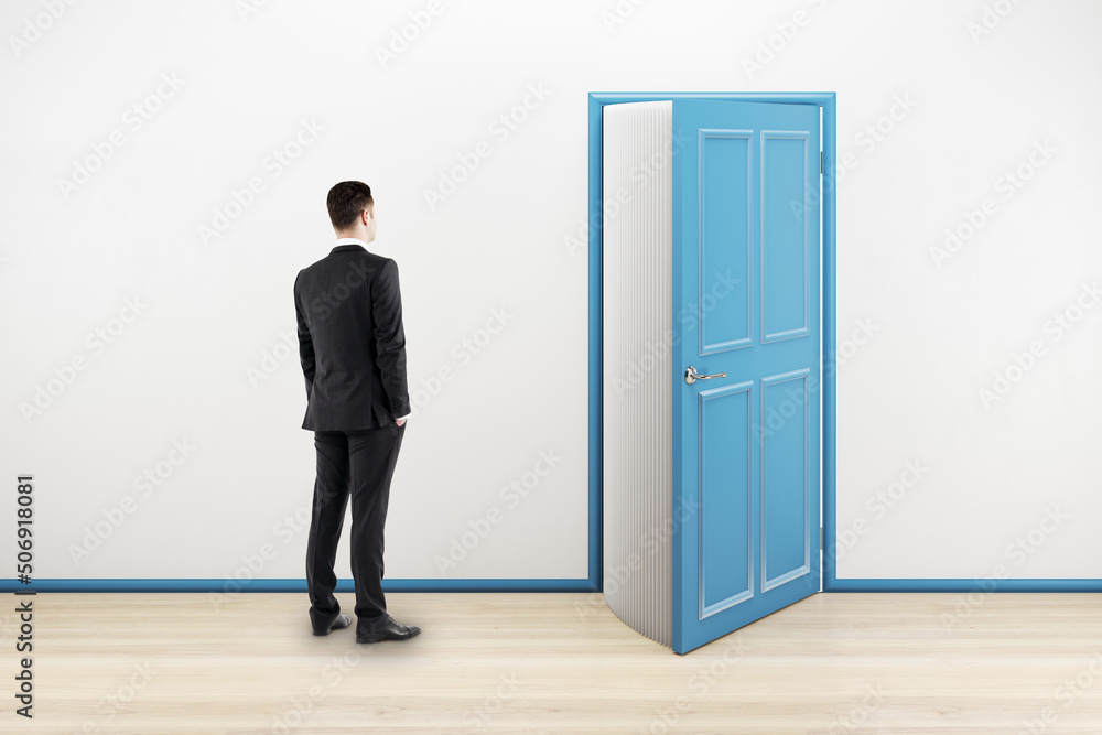 Aufkleber Education and knowledge concept with businessman back view in front of a book that opens as an open door symbolizing knowledge in empty room with white wall and wooden floor