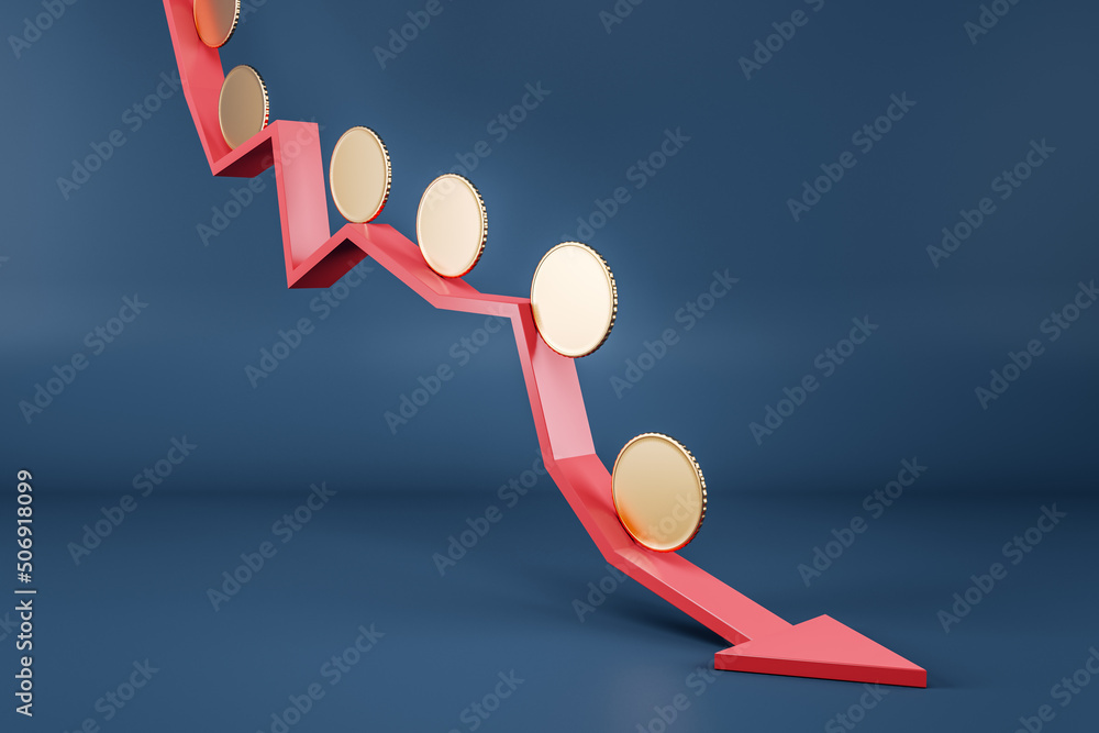 Poster Global financial crisis concept with red arrow going down with golden coins on it at blue background. 3D rendering