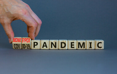 Monkeypox or covid-19 pandemic symbol. Changed concept words Covid-19 pandemic to Monkeypox pandemic on wooden blocks. Doctor hand. Medical and monkeypox or covid-19 pandemic concept. Copy space.
