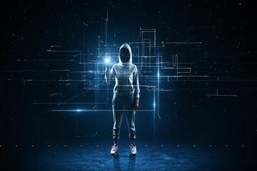 Fototapeta na wymiar Cyber space security concept with faceless hacker in sport suit working with digital screen with lines and intersections