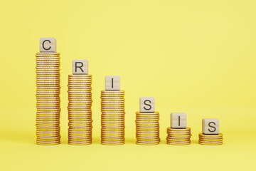 Global financial crisis concept with golden coin stacks and wooden cubes with crisis word on yellow...
