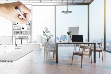 Modern office interior design project on high floor with city skyline view and hand drawn sketch of...