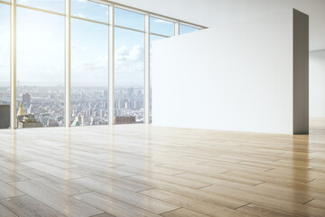 Perspective view on blank white partition in empty spacious office area with wooden floor and city view from huge window. 3D rendering, mockup