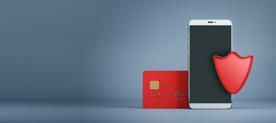 Cashless payments and online banking security concept with red shield, credit card and modern smartphone on blank abstract background. 3D rendering, mockup