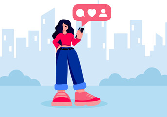 Girl with phone. Young woman. Girl illustration. Girl on the background of the city. Woman. Girl.