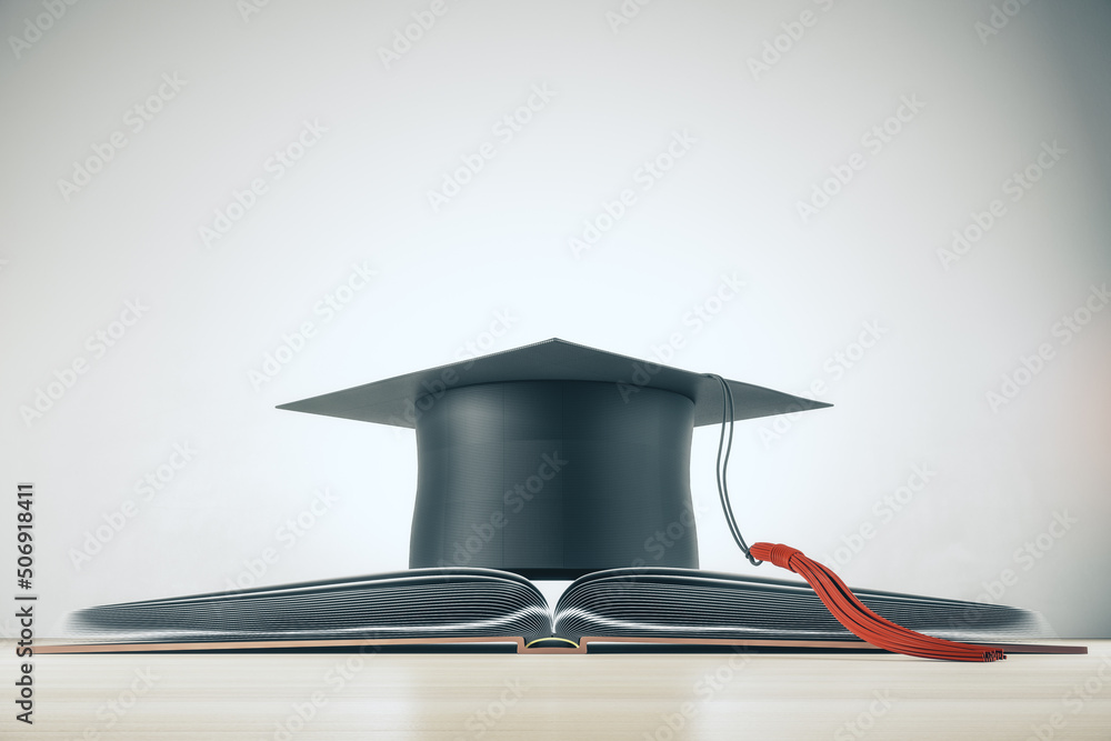 Poster higher education and study concept with black mortarboard hat on opened book on light background. 3d