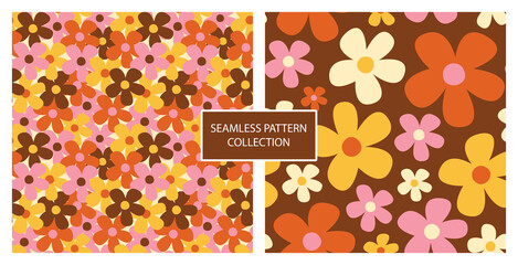 Set of brown seamless patterns with pink and orange daisy flowers. Two groovy retro vector background. Decorative hippy vintage floral wallpaper in autumn mood.