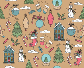 Christmas pattern in sketch style. Hand drawn illustration.