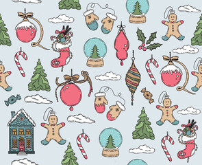 Christmas pattern in sketch style. Hand drawn illustration.